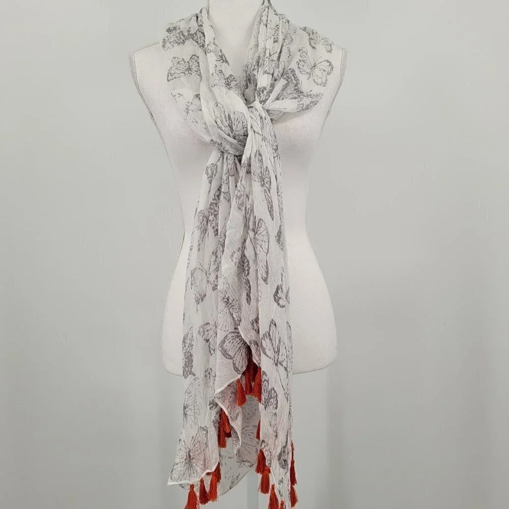 Butterfly Scarf/Wrap with Orange Tassels